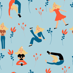 Seamless pattern of girls doing  sports and dancing. Cute vector illustration