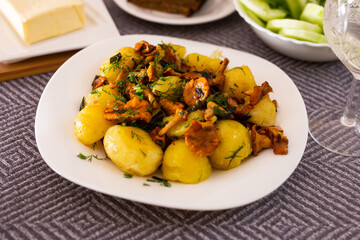 baked  potatoes with chanterelles, served with herbs on white plate