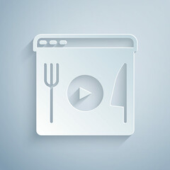 Paper cut Cooking live streaming icon isolated on grey background. Paper art style. Vector