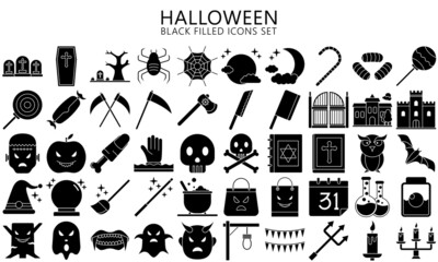 Halloween black filled Icons set, include ghost, candy, mask, skull, zombie, castle, moon and others. Used for modern concepts, web, UI or UX kit and applications, EPS 10 ready convert to SVG
