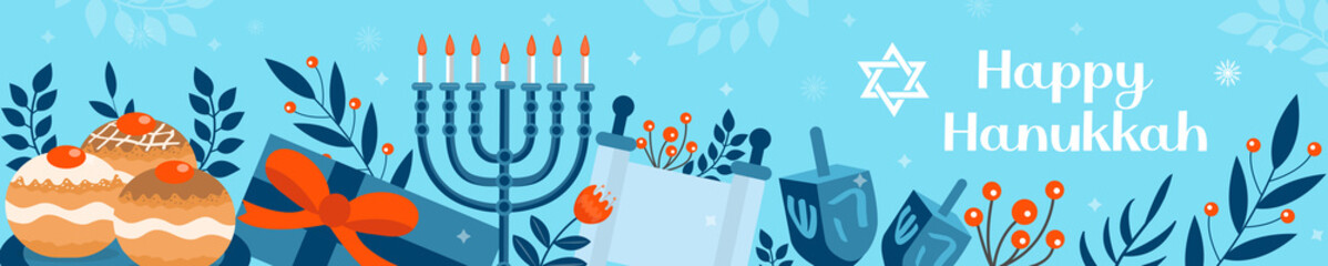 Happy Hanukkah banner, template for your design. Hanukkah is a Jewish holiday. Greeting Card with Menorah, Sufganiyot, Dreidel. Vector illustration
