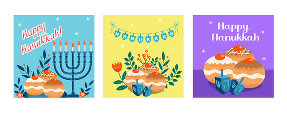Happy Hanukkah banner, template for your design. Hanukkah is a Jewish holiday. Greeting Card with Menorah, Sufganiyot, Dreidel. Vector illustration