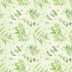 Watercolor seamless floral pattern with green leaves on light green background.