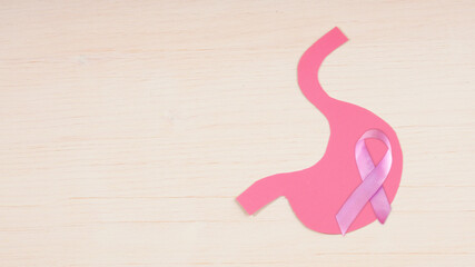 stomach silhouette with stomach and bowel cancer awareness ribbon