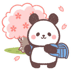 パンダと青いランドセルとサクラの木