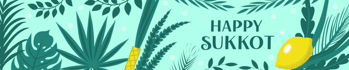 Sukkot palm tree leaves frame, date palm leafes border, blue sky background. Sukkah decoration. Vector illustration.