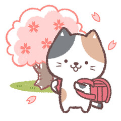 ミケネコと赤いランドセルとサクラの木