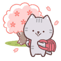 ネコと赤いランドセルとサクラの木