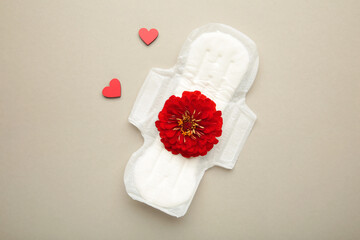 White sanitary pad, hygiene protection on a grey background. Gynecological menstrual cycle. A rose flower lies on a menstrual pad. First menstruation - obrazy, fototapety, plakaty
