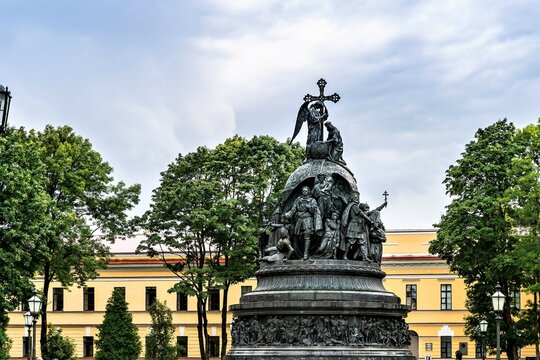 Russia, Veliky Novgorod, August 2021. Monument to the 1000th anniversary of Russia on the main square of the Kremlin.