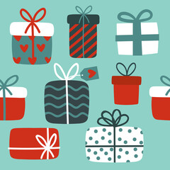 Seamless pattern for Christmas holiday with cute gift boxes. Childish background for fabric, wrapping paper, textile, wallpaper and apparel. Christmas gift boxes with ribbons. Vector illustration