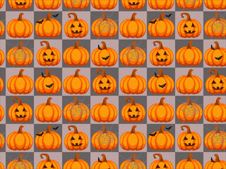 Seamless vector texture for fashion prints. Themed drawings of pumpkins, spiders, bats are located rhythmically in squares. Cute vector illustration in bright festive colors.