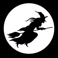black silhouette of a witch flying on a broom on the full moon background.