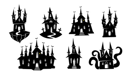 Silhouette of haunted house, ghost mansion, castle. Black silhouettes of Halloween creepy mansions set. Vector set of black silhouettes of Halloween creepy mansions isolated on white background.