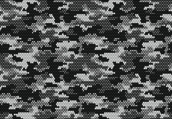 Seamless camouflage pattern. Repeating digital dotted hexagonal camo military texture background. Abstract modern fabric textile ornament. Vector illustration. - obrazy, fototapety, plakaty