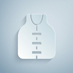 Paper cut Life jacket icon isolated on grey background. Life vest icon. Extreme sport. Sport equipment. Paper art style. Vector