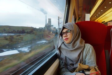 Portrait of young and beautiful Asian Muslim woman wearing glasses and hijab sitting alone against the window in a moving train. Looking out through window. Happy and excited expression. 