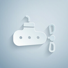 Paper cut Submarine icon isolated on grey background. Military ship. Paper art style. Vector