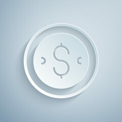 Paper cut Coin money with dollar symbol icon isolated on grey background. Banking currency sign. Cash symbol. Paper art style. Vector