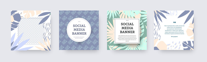 Vector social media banner template with palms, monster, abstract pattern, set of posts in purple, nude, green colors.