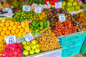 Various offers Thai food fruits Bangrak market Koh Samui Thailand.
