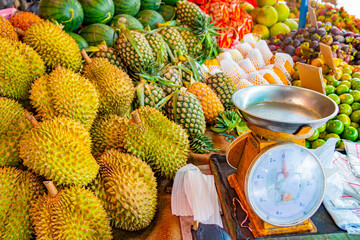 Various offers Thai food fruits Bangrak market Koh Samui Thailand.