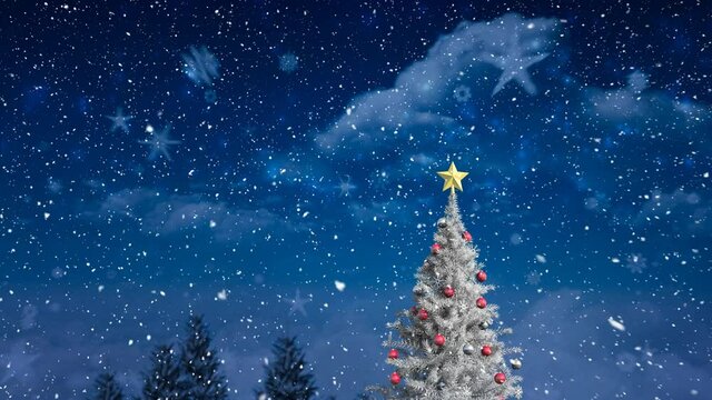 Animation of snow falling over winter scenery with christmas tree
