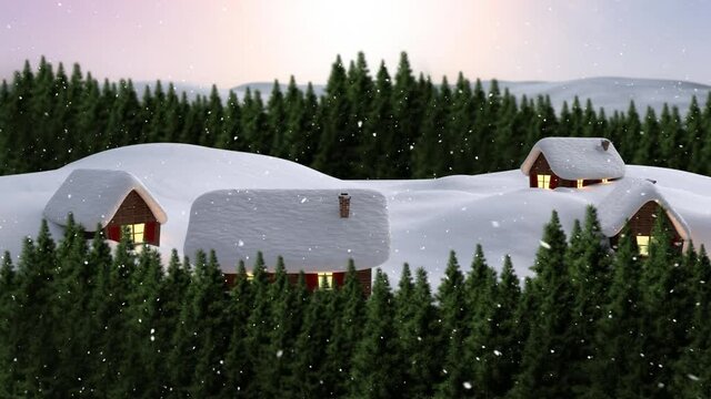 Animation of snow falling over houses and winter scenery with fir trees