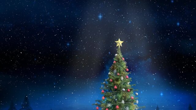 Animation of snow falling over christmas tree