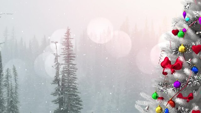Animation of snow falling over spots of light, christmas tree and winter scenery