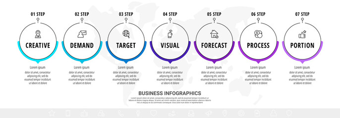 Vector minimal line infographics with circles and arrows. Business timeline 7 steps by step, options, labels. Flat template with seven ways for chart, diagram, flowchart, app