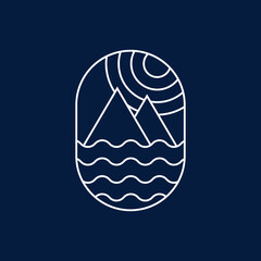 Mountain River Sea Sun Line art Logo. Modern Minimal line art logo design vector template.