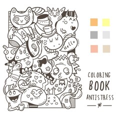 Coloring book antistress with funny cute cartoon monsters. Doodle print with joyful animals. Line art poster.
