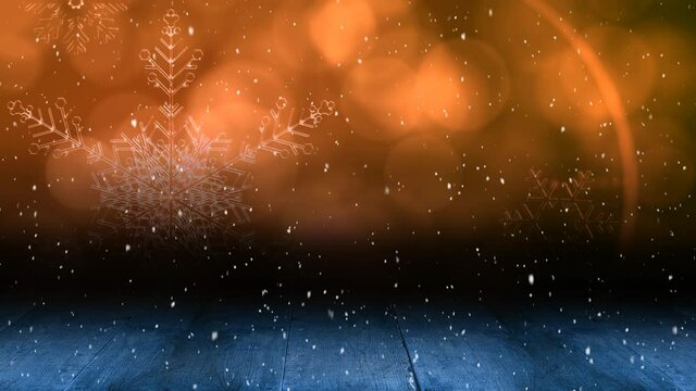 Animation of snow falling over spots of light with copy space and wooden boards