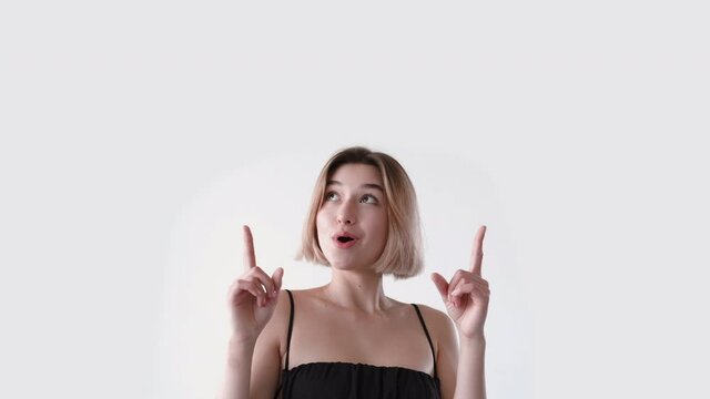 advertising people girl pointing up wow gif loop