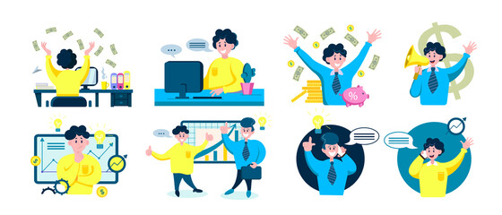 Fototapeta premium A set of vector Illustrations of the business concept. A collection of scenes with people involved in business activities. Businessman, Business planning, Analysis, Negotiations, Ideas. Business strat