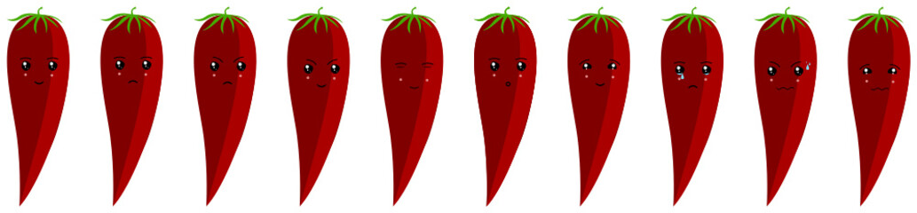 Attractive vector vegetable emoji set of chilly. This chilly emoji set presents happy, sad, angry, smile, cry, sleepy, angry, odd, surprise facial expressions.