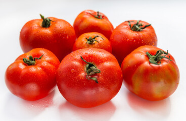 Red ripe tomatoes with water drops on a white background
