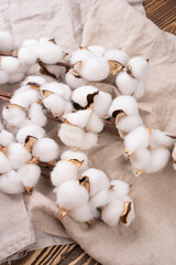 Cotton flowers lie on a linen sheet against the background of a fluffy