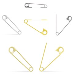 Vector safety pins set - silver and gold, open and closed