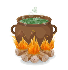 witchs pot with hel on firewood fire