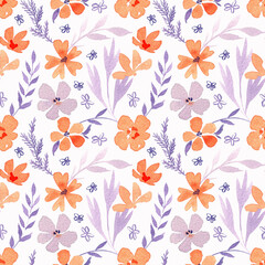 Seamless pattern with floral elements. Texture for wrapping paper, fabric, cards and invitations. Watercolor illustrations.