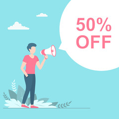 Man with a megaphone and bubble chat with inscription Offer Vector flat illustration