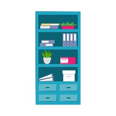 Bookcase with folders, books, flowers and boxes isolated on white background. Vector flat illustration. A piece of interior. The object can be used for the design of an apartment, office, premises. 