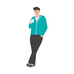 A man with a mug of coffee isolated on a white background. Vector flat illustration. Businessman drinking coffee, tea break 