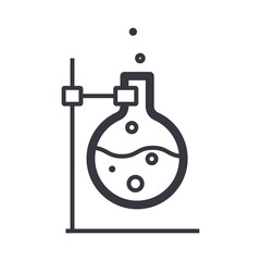 Black outline flask with reagent. Chemistry education and knowledge vector icon.
