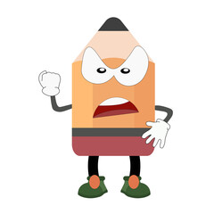 Angry pencil.  Formidable pencil shows a fist. Cheerful smiling pencil, banner for september 1, cartoon pencil on white background. Cheerful pencil vector illustration. Pencil with face,