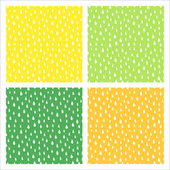 Set of 4 yellow and green seamless patterns with white rain drops