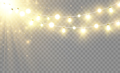 Christmas bright, beautiful lights, design elements. Glowing lights for design of Xmas greeting cards. Garlands, light Christmas decorations.	