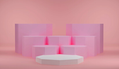 The pedestal on background with stand concept Backdrop standing empty shelves 3D illustration.